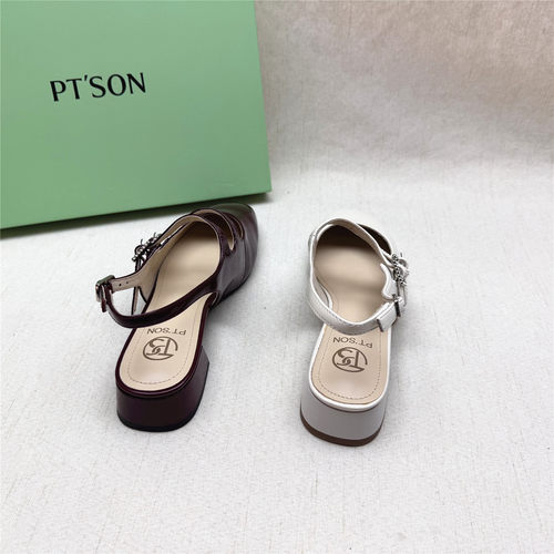 PT'SON/百田森正品撤柜水钻双排扣时装鞋女春夏新款羊皮包头凉鞋 - 图1