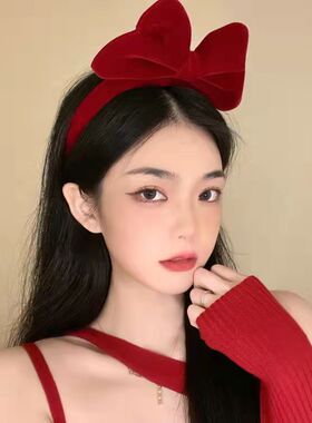 红色丝绒蝴蝶结发箍新年喜气女秋