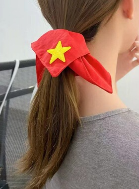简约时尚五角星国庆节红色方巾发圈气质百搭低丸子马尾爆款发绳女
