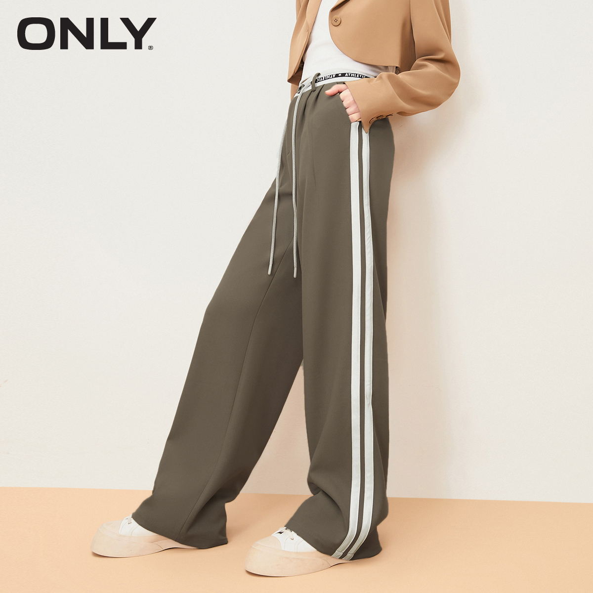 ONLY高腰弹力抽绳休闲裤