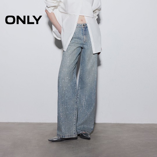 【爆款流星裤】ONLY2026春季新款面料升级烫钻高腰宽松直筒牛仔裤