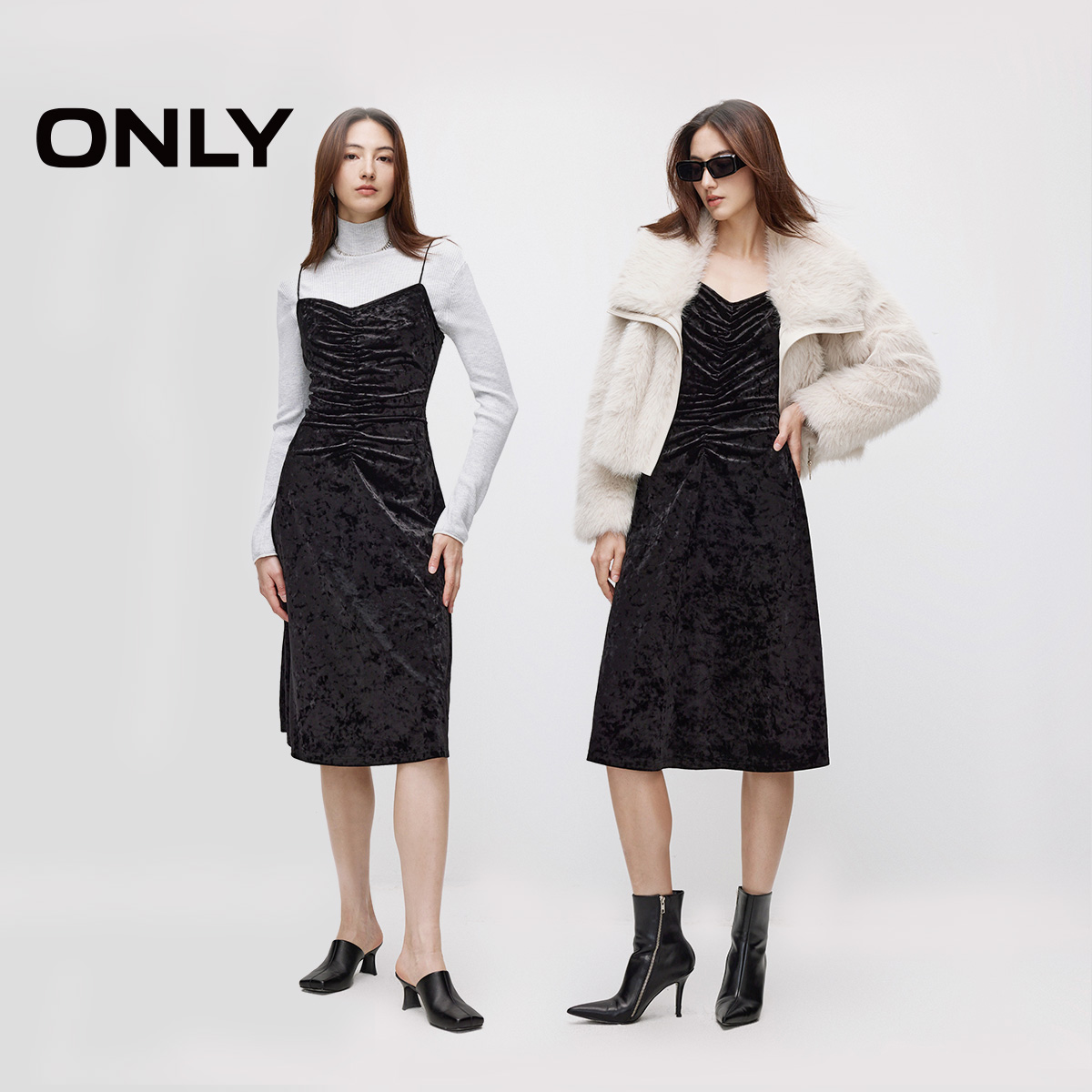 ONLY优雅轻奢质感显瘦中长裙丝绒裙吊带裙连衣裙女|124307055 - 图1