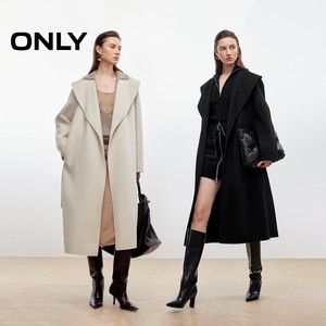ONLY2025冬季新款100%绵羊毛纯色睡袍式系带长款双面毛呢大衣外套