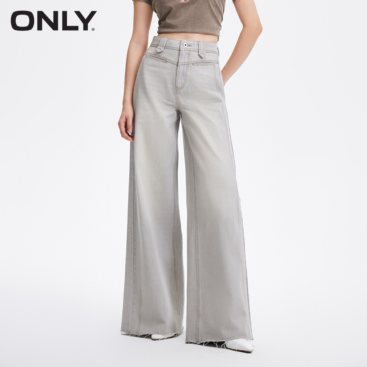 ONLY2024夏季新款时尚设计感口袋阔腿裤高腰牛仔裤女|124132042 - 图0