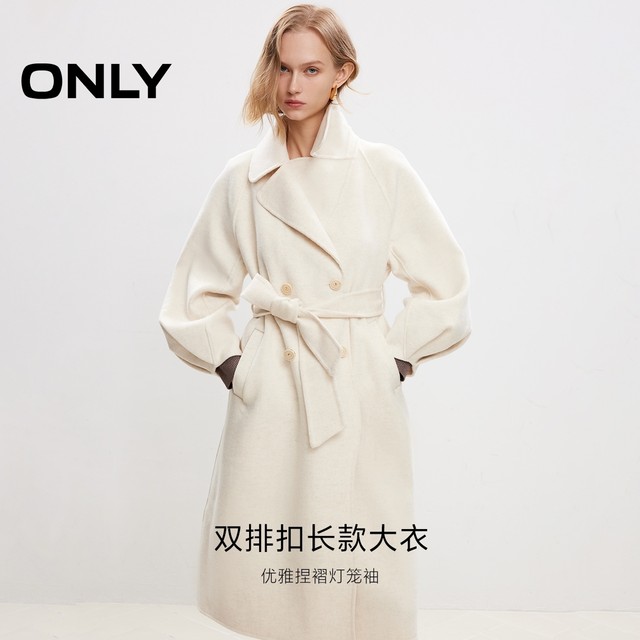 ONLY冬季100%绵羊毛优雅复古双排扣翻领长款毛呢大衣外套女