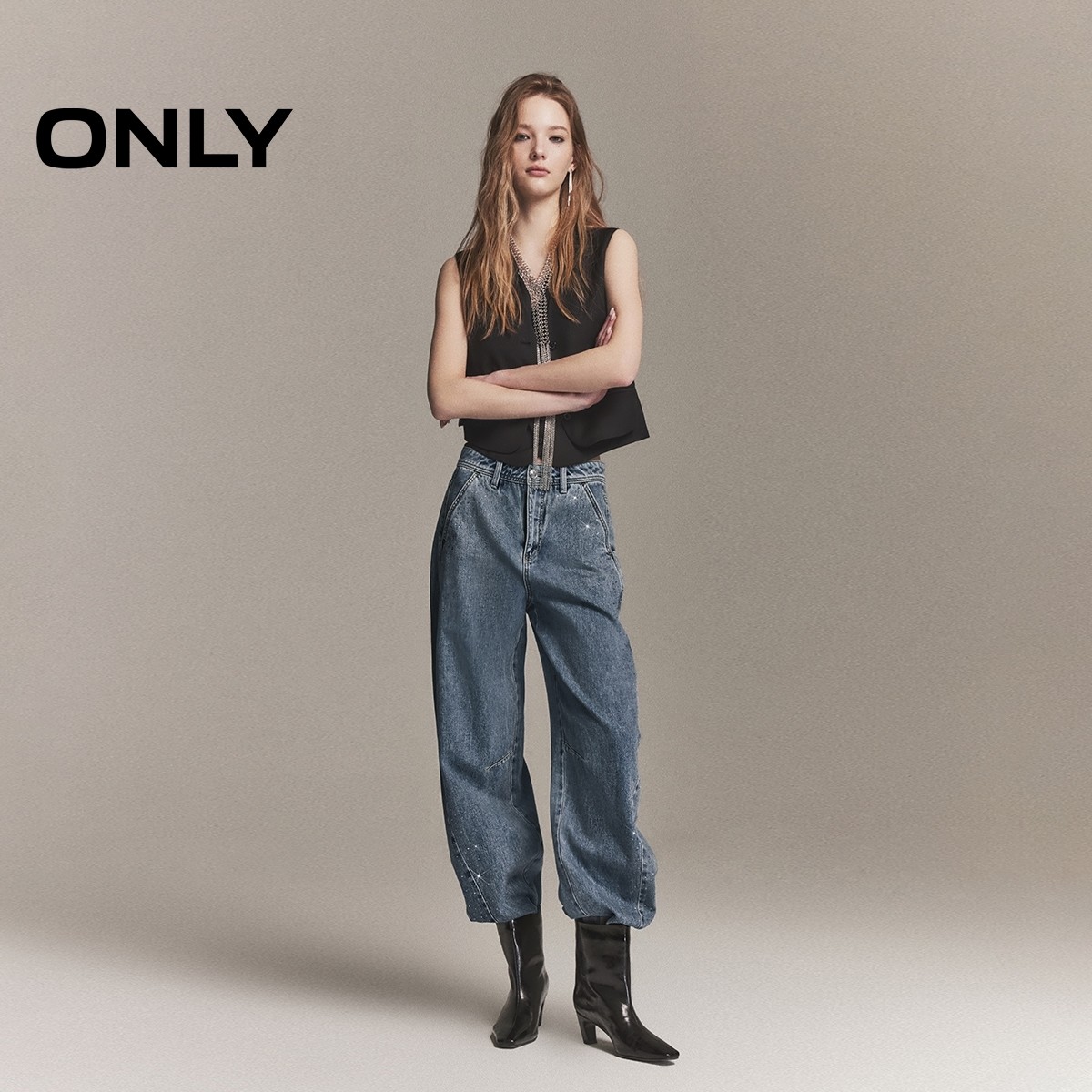 ONLY2026春季新款艺术感吸睛烫钻立体剪裁香蕉弯刀气球阔腿牛仔裤,淘宝优惠券,粉丝福利购,淘宝优惠卷