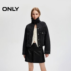 【爆款】ONLY2025冬季新款复古帅气翻领毛绒拼接保暖夹棉牛仔外套