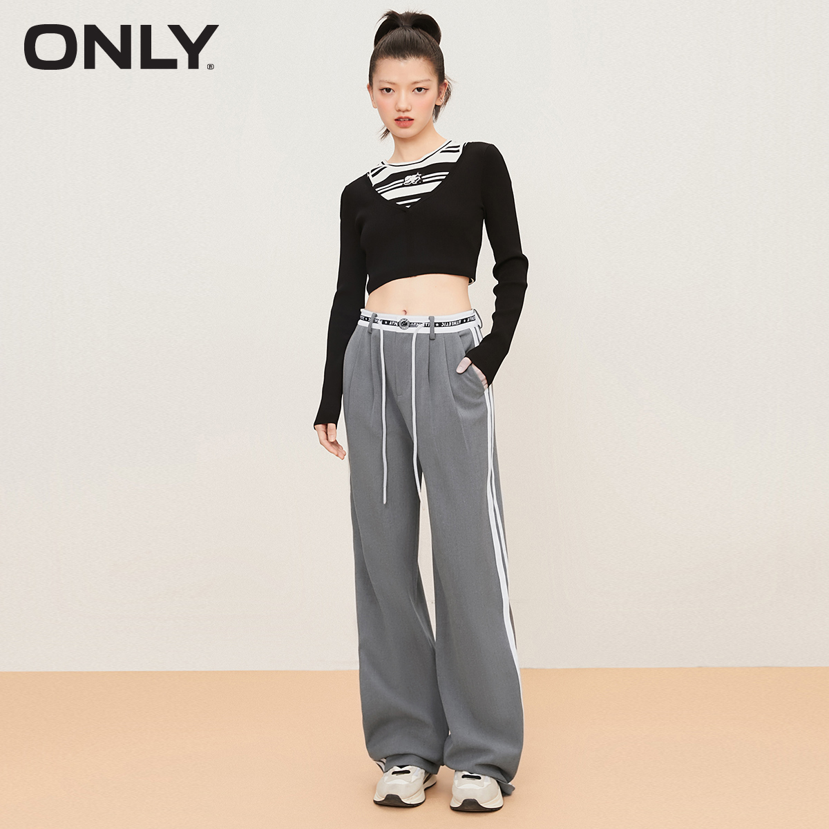 ONLY高腰弹力抽绳休闲裤