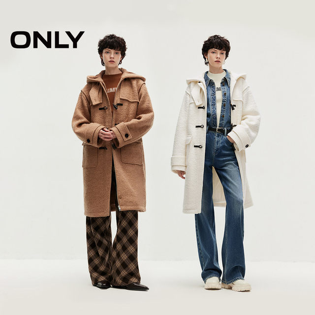 绫致ONLY秋冬新款含绵羊毛气质连帽长款毛呢大衣女时尚潮