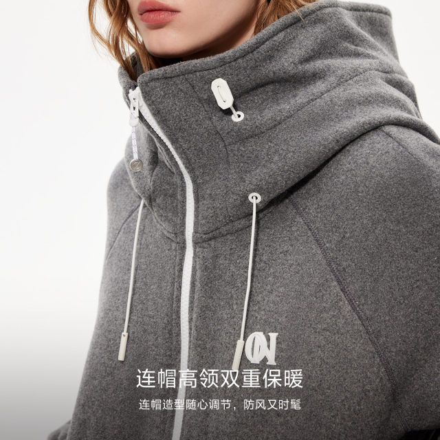 ONLY2025冬季新款休闲保暖宽松含绵羊毛毛呢大衣连帽抽绳拉链外套