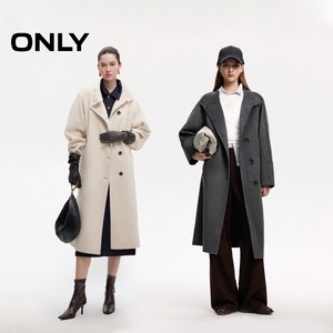 ONLY2025冬季新款立领100%绵羊毛撞色纽扣长款双面毛呢大衣外套