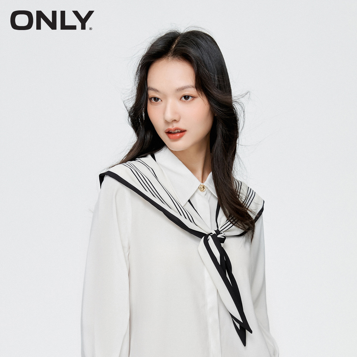 ONLY时尚休闲可拆卸领巾纯色九分袖衬衫