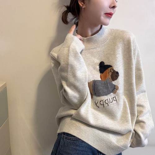 欧洲站2025冬季新款韩味圆领可爱卡通小狗提花针织衫减龄套头毛衣 - 图0