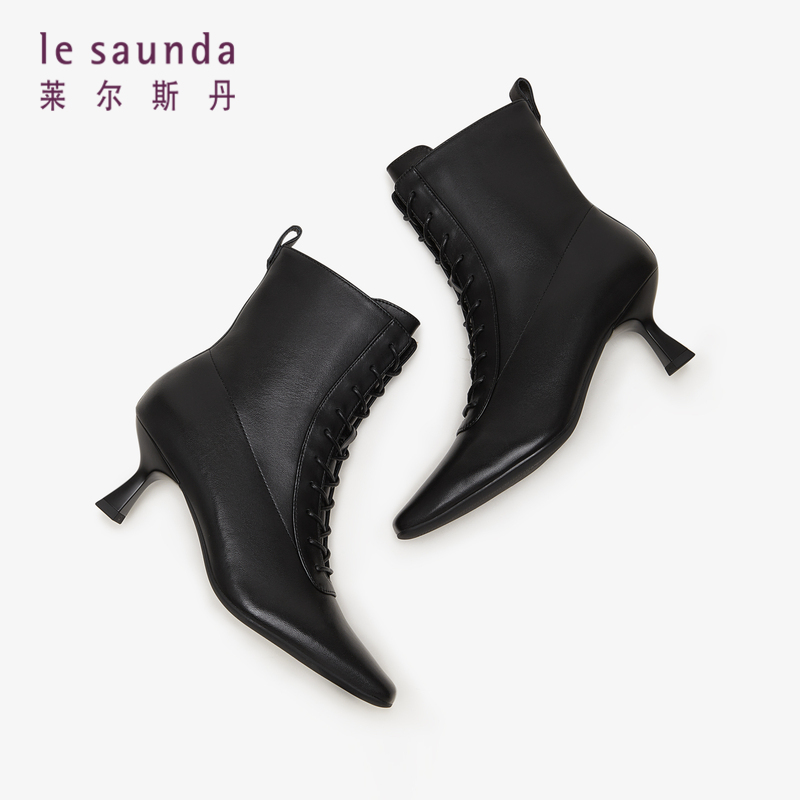 莱尔斯丹春季商场同款时尚优雅系带拉链方头短靴女靴4T62302 - 图0