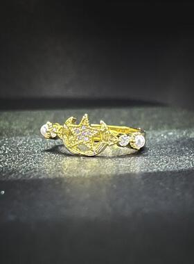 金色五角星领花珍珠戒指女轻奢个性百搭食指礼物活口指环潮流时尚