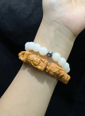 10MM白玉菩提根搭配檀香木四不扎吉拉姆文玩手链