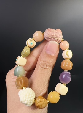 菩提根多宝钱币猫爪柿子面包搭配红枣血柏木佛珠手串文玩手链