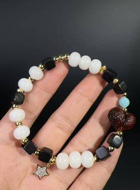 方块黑檀木搭配算盘珠菩提根屁桃女手链手串女百搭小众手饰