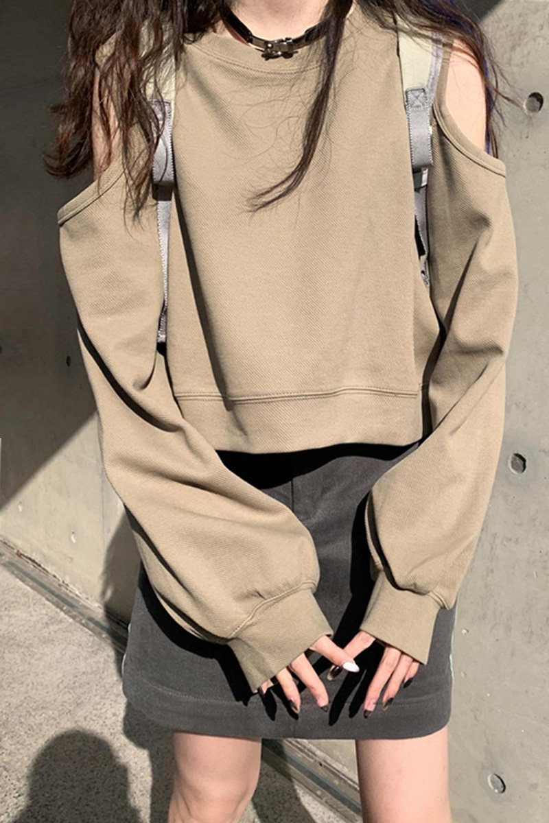 卡其色卡腰短款女秋圆领高级感卫衣 百思朵卫衣/绒衫