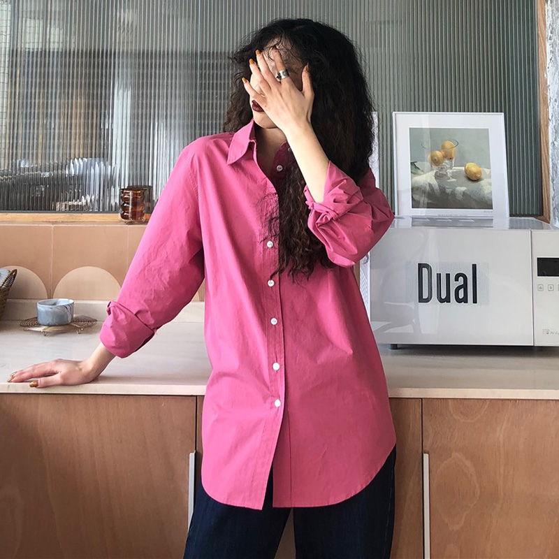 百思朵树莓色女玫粉色宽松长袖衬衫 百思朵衬衫