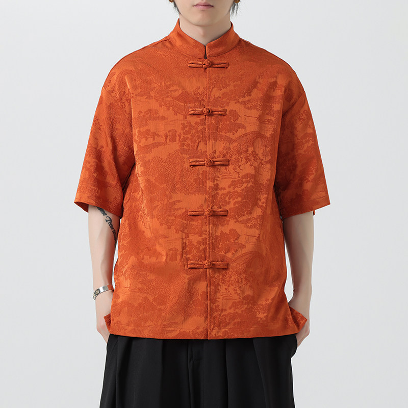 复古风汉服中国风男装夏季薄款提花短袖衬衫新中式唐装大码衬衣潮,淘宝优惠券,粉丝福利购,淘宝优惠卷
