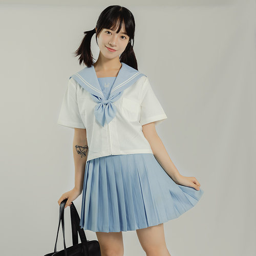 JK制服套装蓝色水手服白二本刺绣短袖日式水手服学生校服春夏款 - 图1