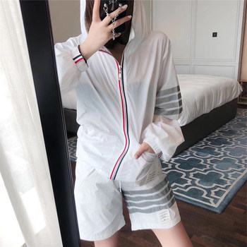 tb reflective loose zipper hooded ultra-thin jacket for women 2024 summer new-sleeved sun protection clothes suits casual shorts suits