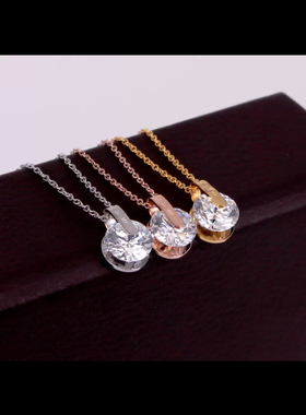 钛钢项链 气质转动1克拉闪亮锆钻钛钢吊坠质感金色女项链不掉色