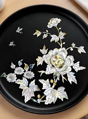 牡丹水移画螺钿贴纸漆器圆凳托盘