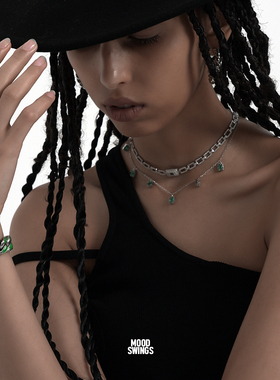 CHOKERMS镀白金绿方钻锁骨项链