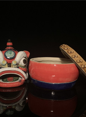 石湾公仔舞狮茶叶罐佛山商务摆件