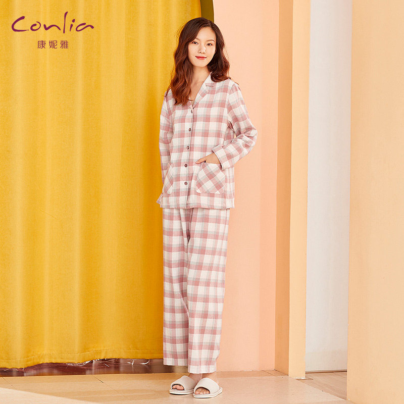 康妮雅秋季长袖格子家居服纯棉睡衣 康妮雅睡衣/家居服套装
