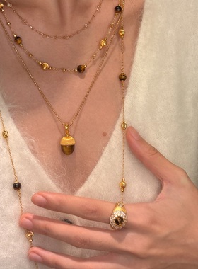 秋冬拉丝虎眼石松果项链女