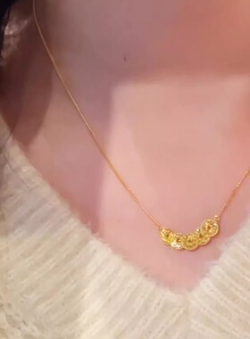 金色古法钱币项链女2025夏新款钱多多锁骨链高级感毛衣链气质颈链