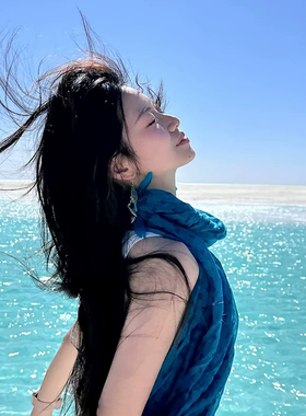湖蓝色丝巾薄款新疆西藏西北旅游拍照披肩女外搭头巾纱巾围巾配饰