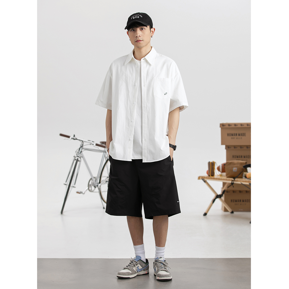 coolramon夏季日系复古衬衫男士原创纯色简约短袖小众工装上衣