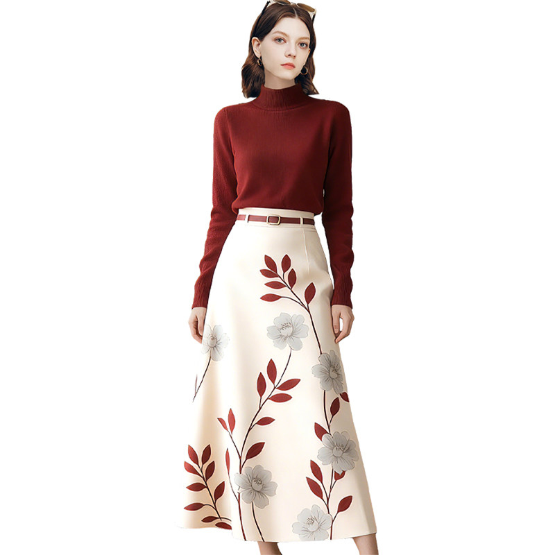 QOOEL高级感气质套装2025秋冬新款通勤针织上衣印花半身裙两件套,淘宝优惠券,粉丝福利购,淘宝优惠卷