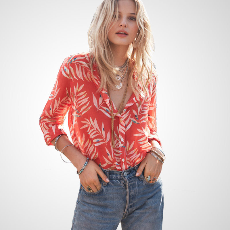 法式小众雪纺丝绵树叶印花红色复古洋气衬衫女长袖2025新款上衣潮,淘宝优惠券,粉丝福利购,淘宝优惠卷