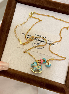 马上有钱旋转木马跑环铃铛吊坠项链珐琅少女心锁骨链小众可爱颈链