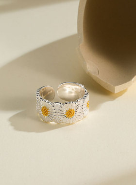 s925纯银日韩志龙同款时尚小雏菊开口戒指男女情侣款网红直播尾戒