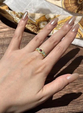 S925纯银复古蓝花红石戒指女款新中式食指戒vintager古着指环