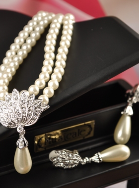 典雅新娘结婚礼珍珠项链耳环套装手工法式复古低奢小众多层颈链女