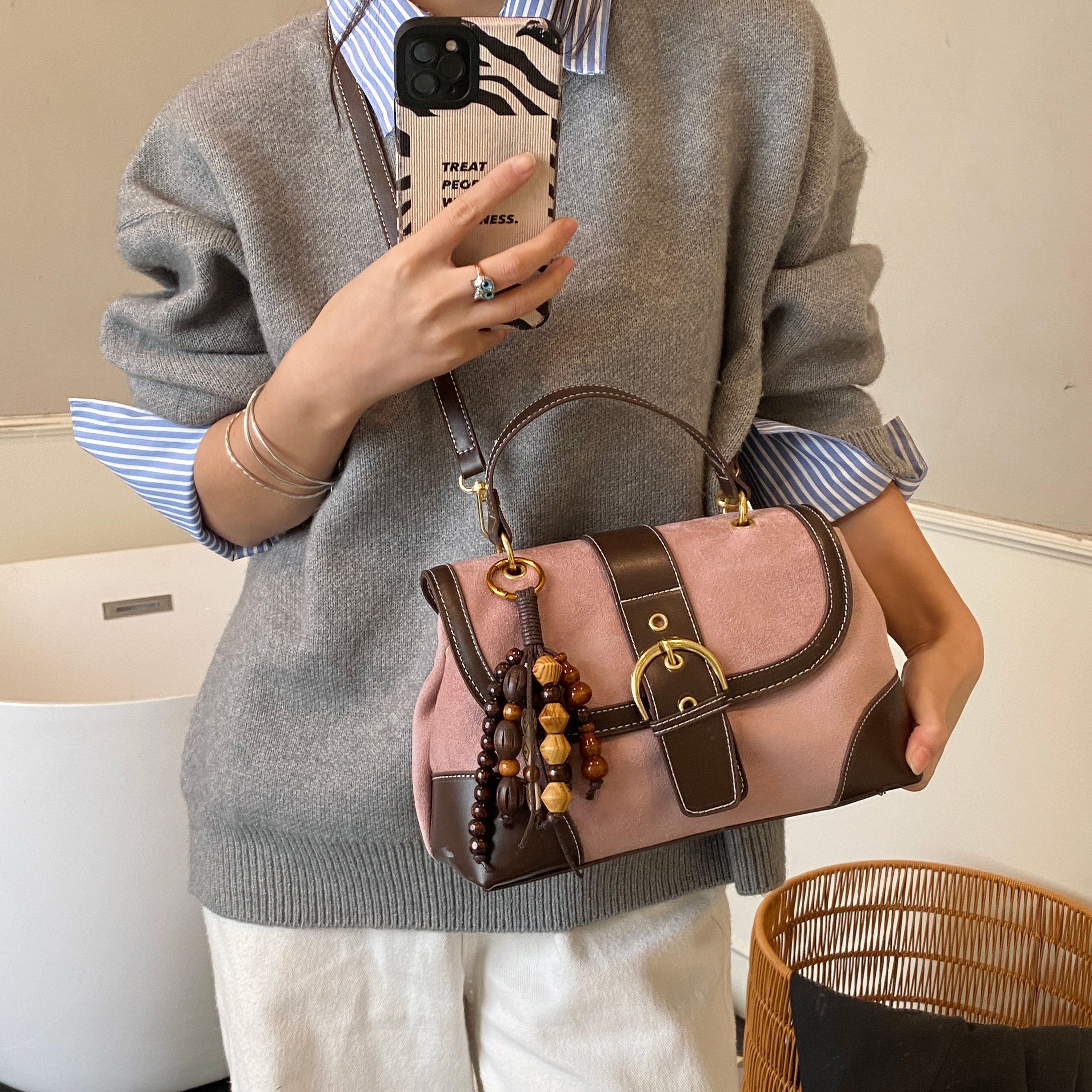 chic磨砂绒手提包包女式2025新款高级感小方包通勤百搭单肩斜挎包 - 图1