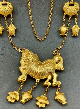 99足银錾刻手工镀金宝宝麒麟锁长命百岁锁古风汉服明制软璎珞项链