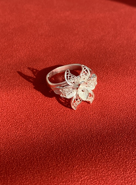 【银笙歌】小众文艺民族凤配饰足银百合花掐丝工艺镂空花瓣开口戒