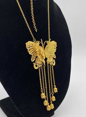 银笙歌 足银长款蝴蝶流苏民族风拉丝项链银镀金毛衣链 小众中性风