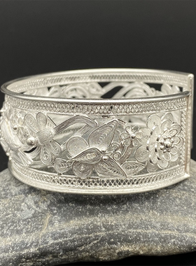 手工纯银掐丝鸟语花香手镯非遗苗疆女少数民族演出配饰镯子可送礼