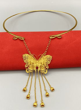 复古手工制花丝工艺镂空蝴蝶项坠银镀金古风项圈男女通用蝴蝶项圈