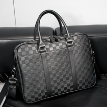 Hong Kong Genuine Leather Mens Bag Business Package Briefcase Briefcase Commuter Business Trip Bag Computer Bag Plaid Handbag
