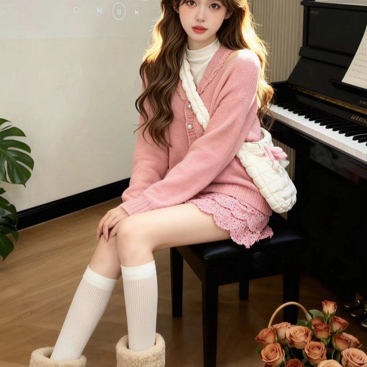 韩系穿搭套装减龄甜美温柔风粉色v领针织衫半身裙两件套2026春季,淘宝优惠券,粉丝福利购,淘宝优惠卷